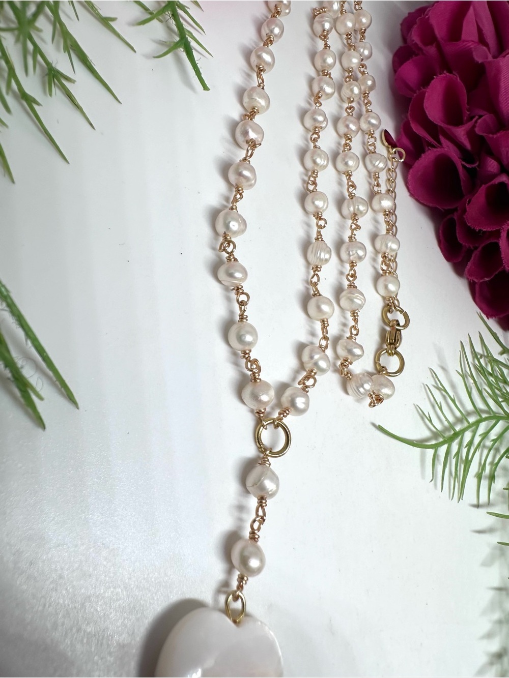 NEW⚜️Freshwater Pearl Beaded Shell Heart Charm Necklace - Picture 5 of 9